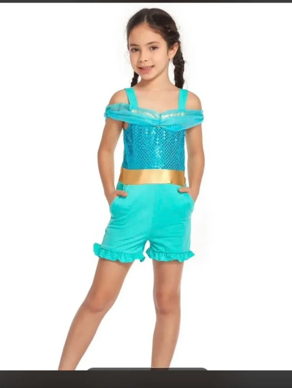 Disney Jasmine Style Turquoise Sequin Off-Shoulder Kids Romper